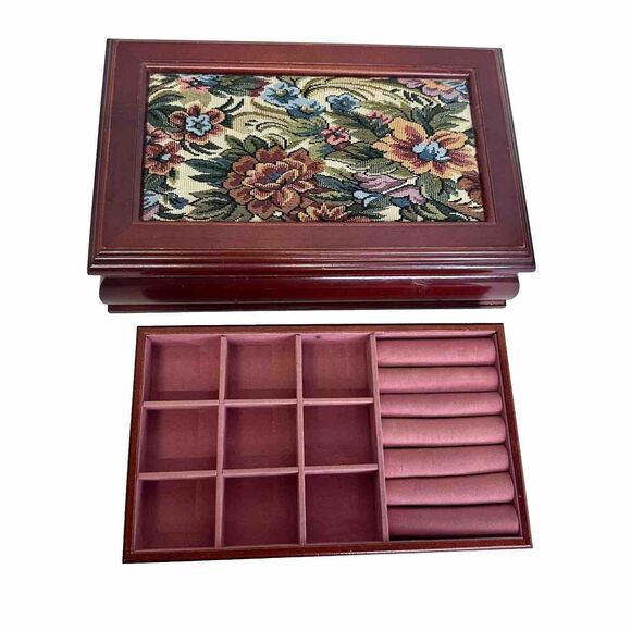 Vtg Wooden Jewelry Box Dark Floral Fabric Top Pink Felt Interior‎ Mirror In Lid - Picture 1 of 11